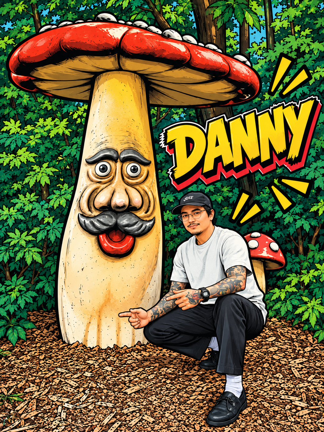 Danny, Chief Creative Officer, hockt neben einem überlebensgroßen Comic-Pilz