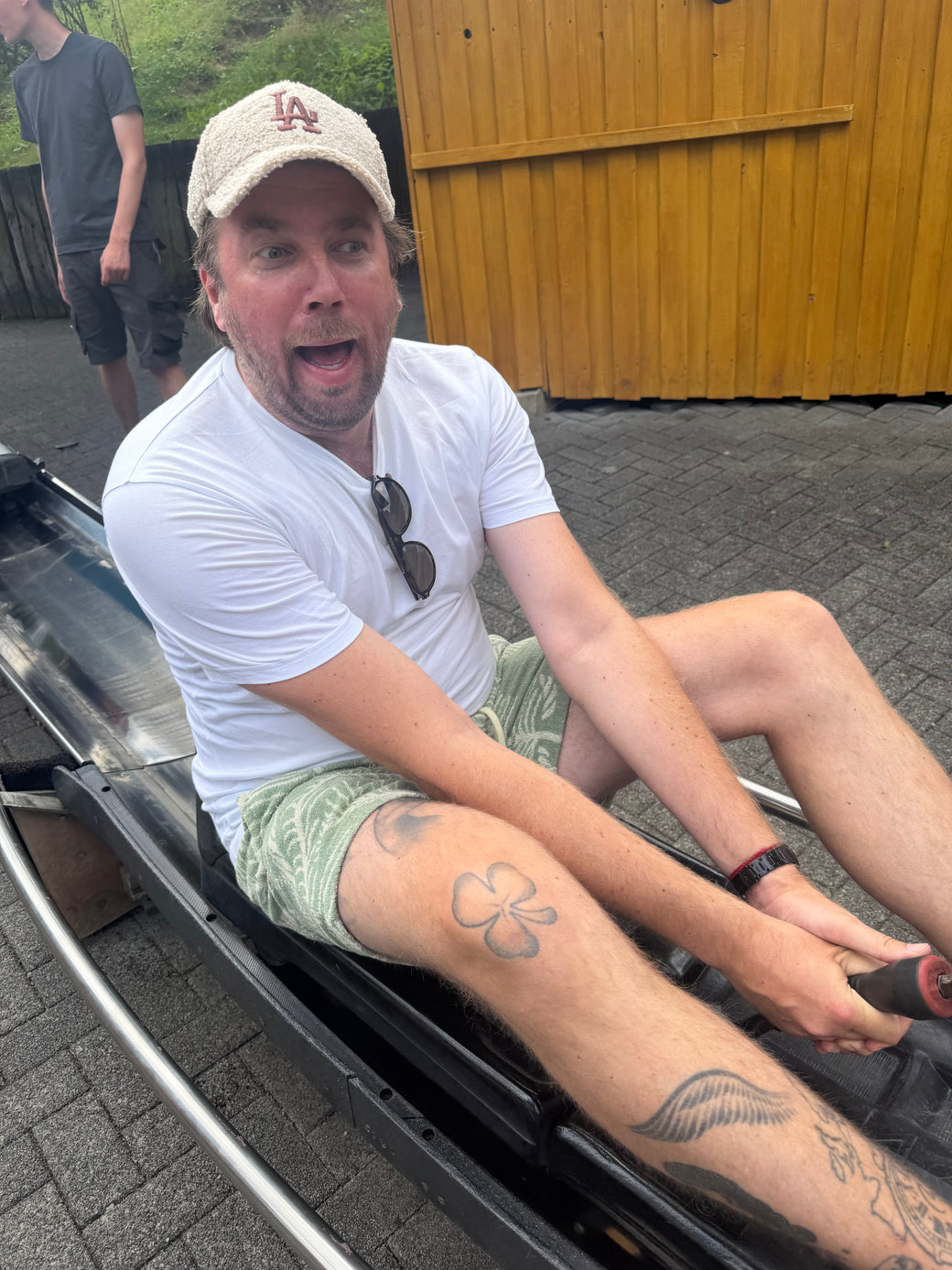 Patrizio on a summer toboggan run, mouth wide open