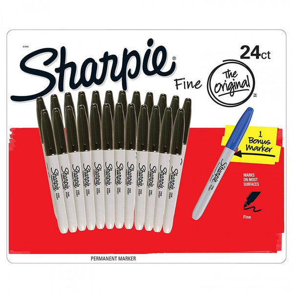 Box of 24 Sharpie Fine Point Black Markers - Plus 1 Blue Marker