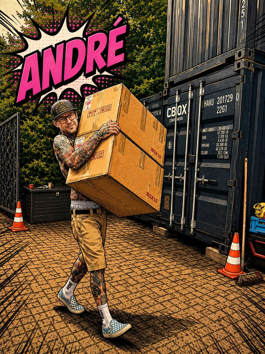André, der Pate von Krautz, trägt einen Karton vor dem Lagercontainer