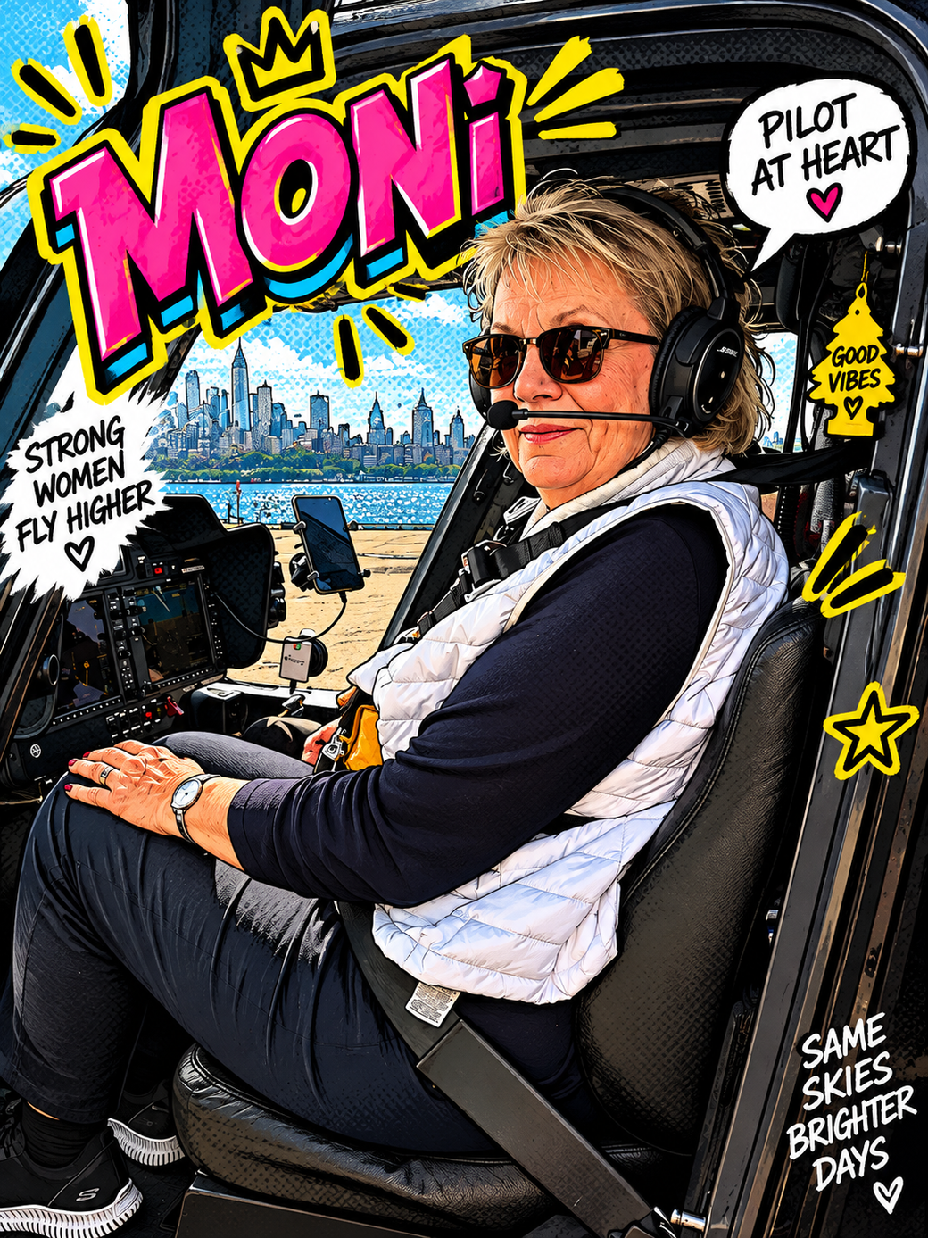 Moni im Cockpit eines Helikopters mit Headset vor einer Skyline