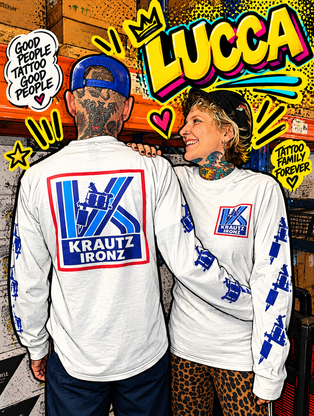 Lucca und ein Kollege im Lager, beide im Krautz-Ironz-Longsleeve