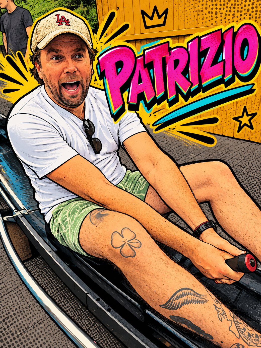 Patrizio auf einer Sommerrodelbahn, Mund weit offen